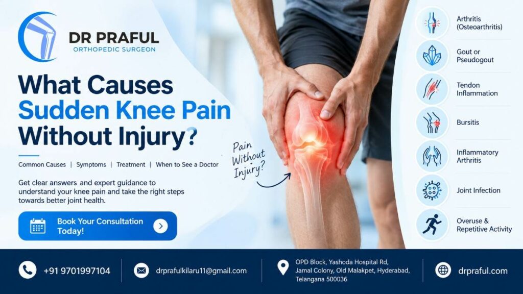 What causes sudden knee pain without injury and its common causes