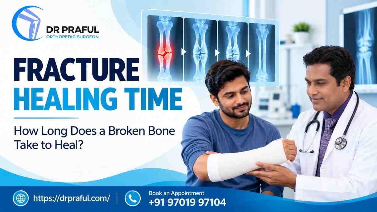 Fracture healing time: orthopaedic doctor checking a patient's arm cast, with X-rays showing the stages of bone healing